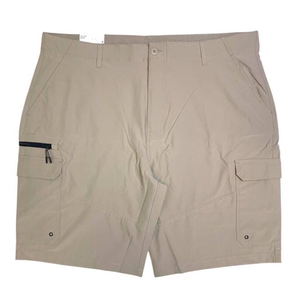Iron Co. Mens Stretch Hybrid Cargo Short, Side Zipper Cargo Pocket - Khaki